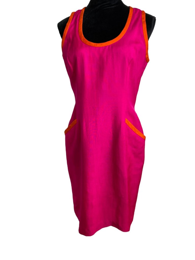 Vintage Anne Klein 100% Silk Fuchsia Pink Sheath Dress With Orange Trim Size 8